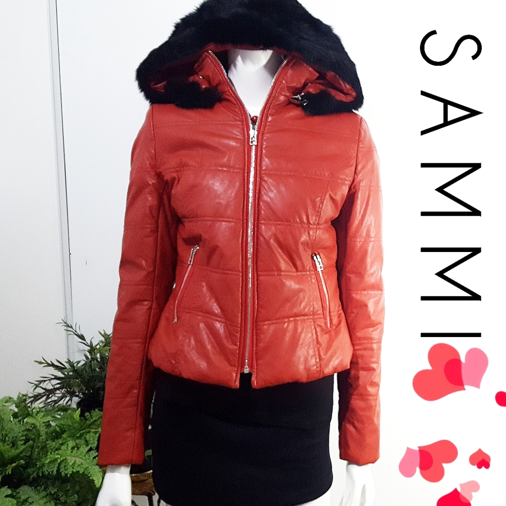 NEW💖SAMMI💋Red-Black Fur Hooded Faux Leather Bomber Short Winter Jacket